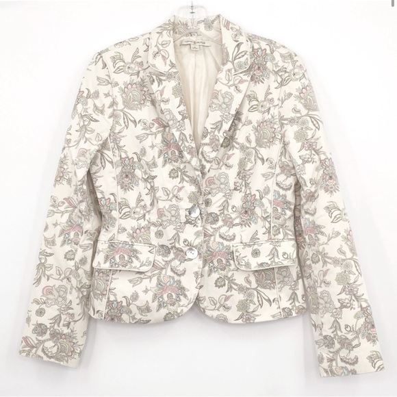Tommy Hilfiger Blazer Y2K 2006 Off White Baroque Floral Print 2 Button Sz 10 - Picture 1 of 9